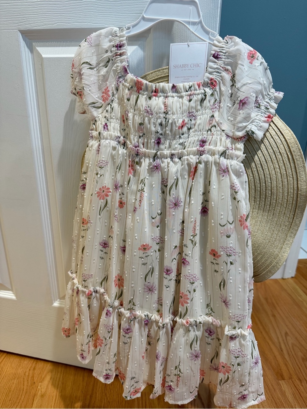 Shabby Chic Cream Floral Smocked Puff-Sleeve Dress with matching straw hat